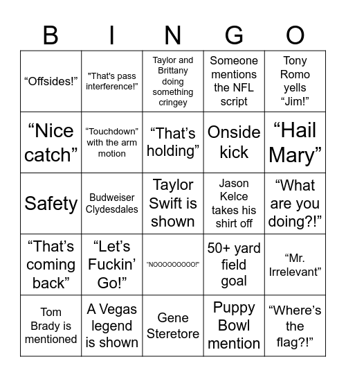 Super Bowl Bingo Card