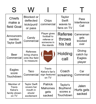 Swiftie Bowl 2025 Chiefs vs Eagles Bingo Card