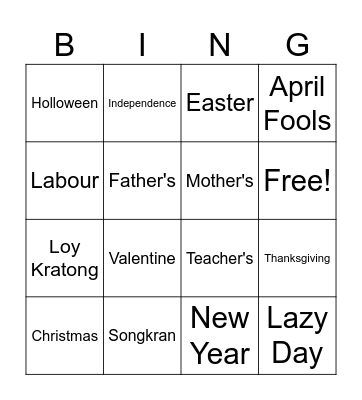 Holidays & Festivals Bingo Card