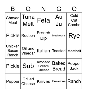 Sandwiches Bongo Bingo Card