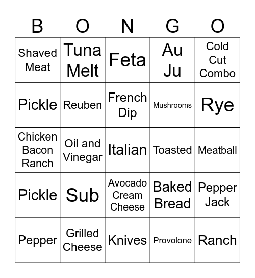 Sandwiches Bongo Bingo Card