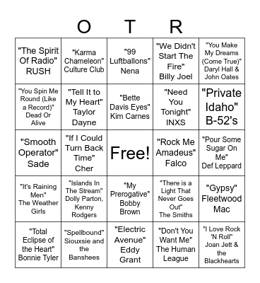 80's Musical Bingo pt. 2 Bingo Card