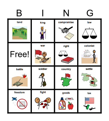 Unit 6: Fighting for Freedom Word List Bingo Card