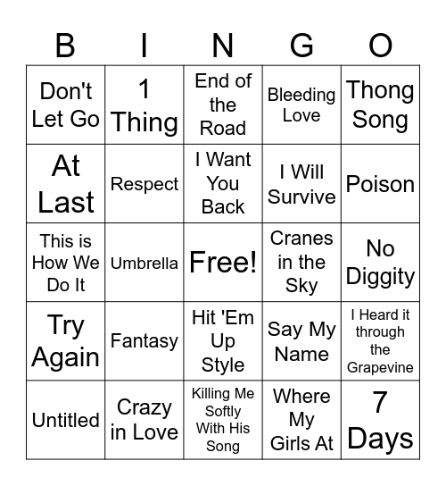R&B Music Bingo Card