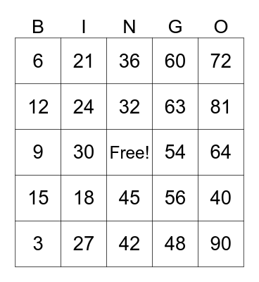 MULTIPLICATION Bingo Card