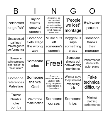 Grammys 2024 Bingo Card