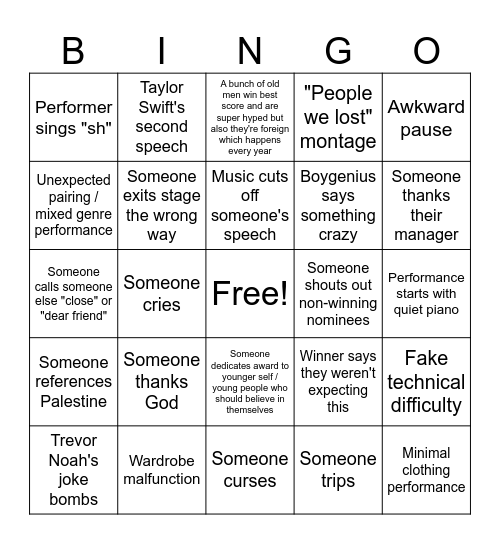 Grammys 2024 Bingo Card