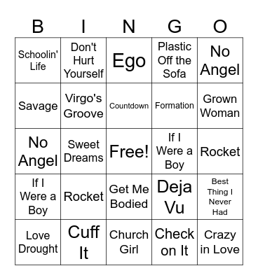 Beyonce Bingo Card