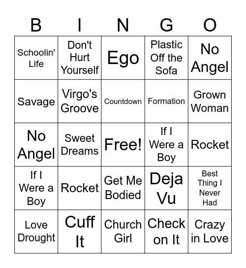 Beyonce Bingo Card