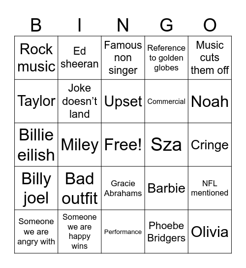 Grammys Bingo Card