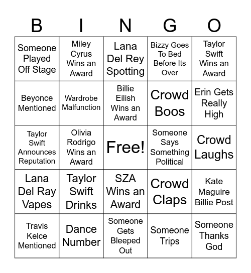 Grammys Bingo Card