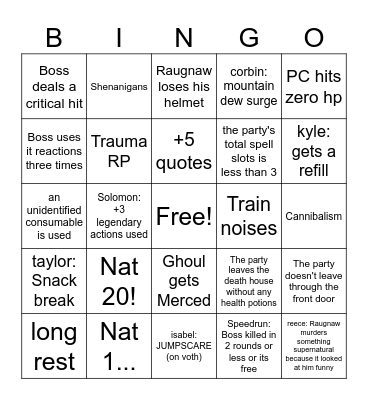Session 5: Monster house reference Bingo Card
