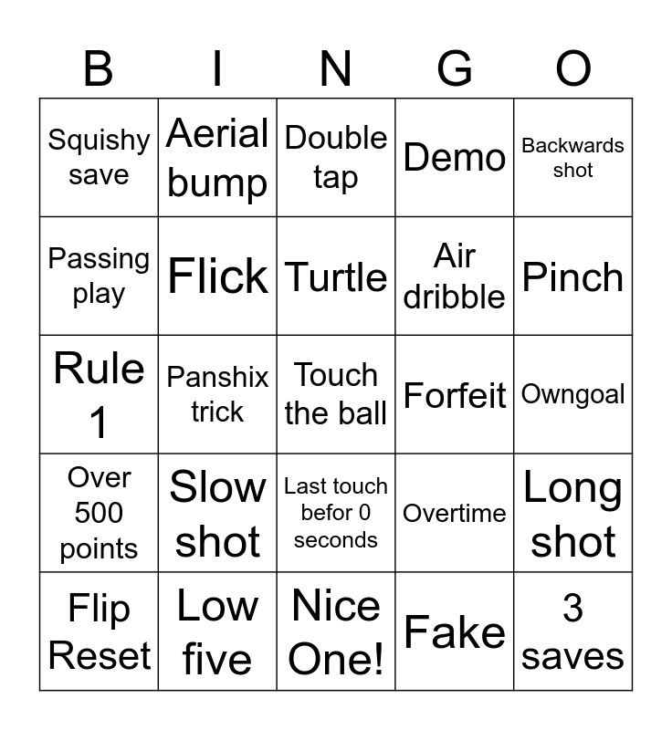 Rocket League Bingo Card