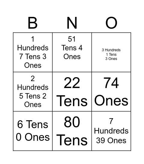 Base Ten Bingo Card