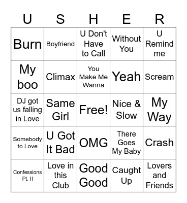 Usher Halftime Show Bingo Card
