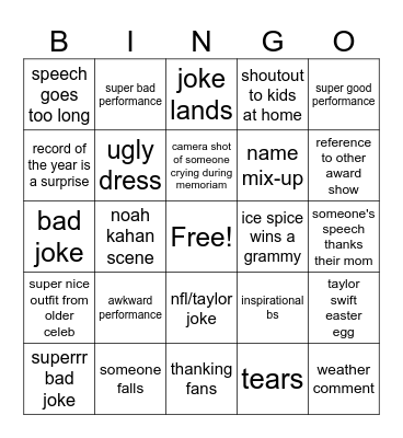 grammys Bingo Card