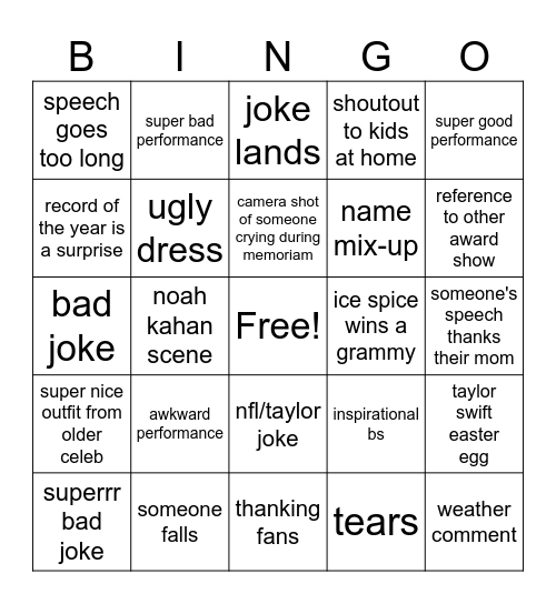 grammys Bingo Card