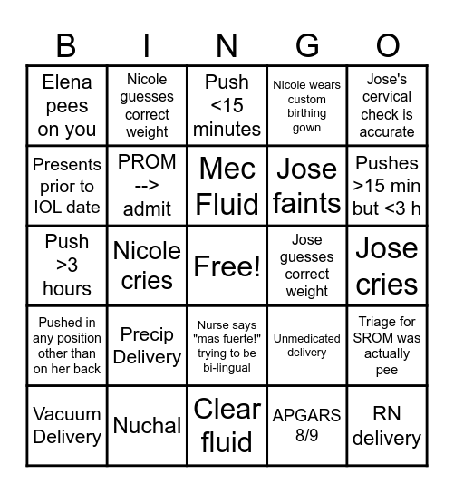 Nicole's Labor Bingo! Bingo Card