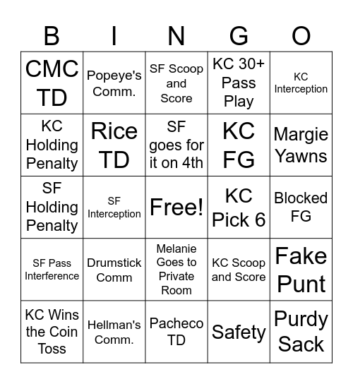 Super Bowl Bingo Card