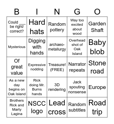 Oak Island Bingo Card