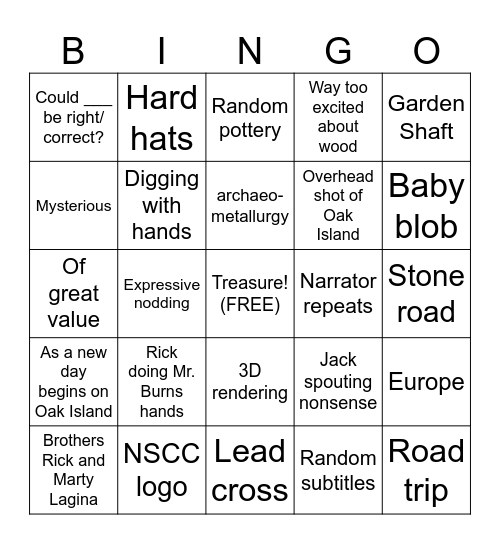 Oak Island Bingo Card