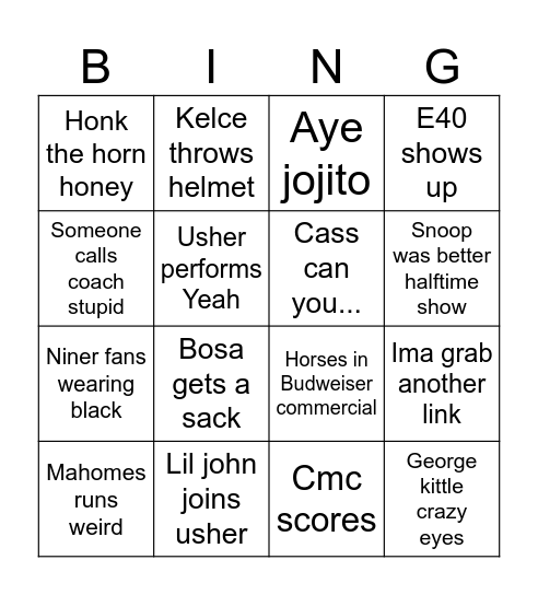 Super Bowl Bingo Card
