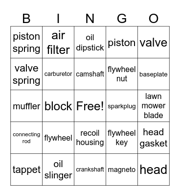 Engine Part Bingo Card