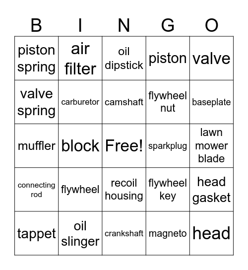 Engine Part Bingo Card