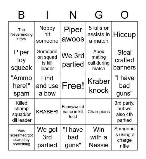 Apex Legends Ranked Bingo Card