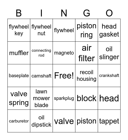 Engine Part Bingo Card