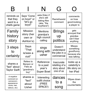 Vickie Bingo (Super Bowl 2024 edition) Bingo Card