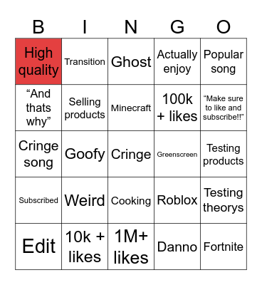 Shorts Bingo Card