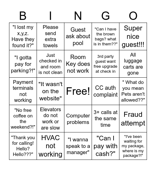 Cambria Hotel Front Desk Bingo Card