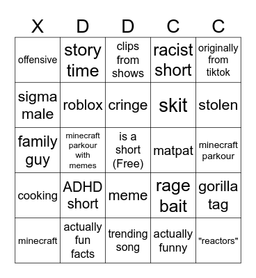 youtube shorts bingo Card