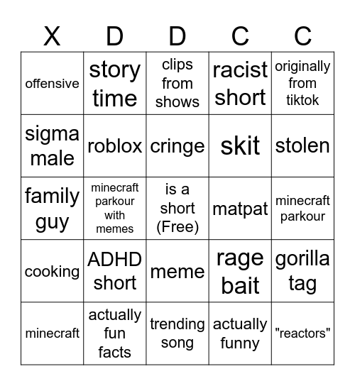 youtube shorts bingo Card