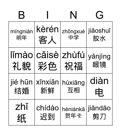 Hanyu 4 Unit 13 Bingo Card
