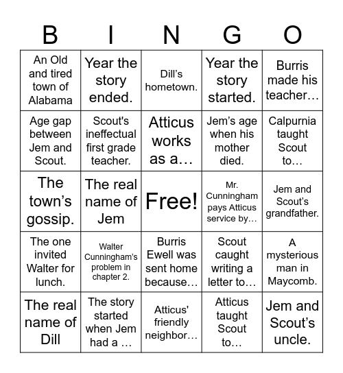 TO KILL A MOCKINGBIRD CHAPTERS 1 to 3 Bingo Card