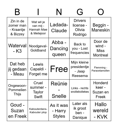 Muziek Bingo Card