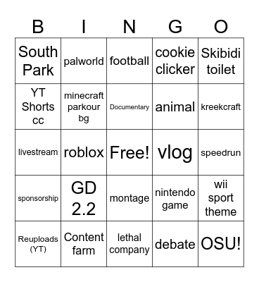 YT SHORT Bingo Card