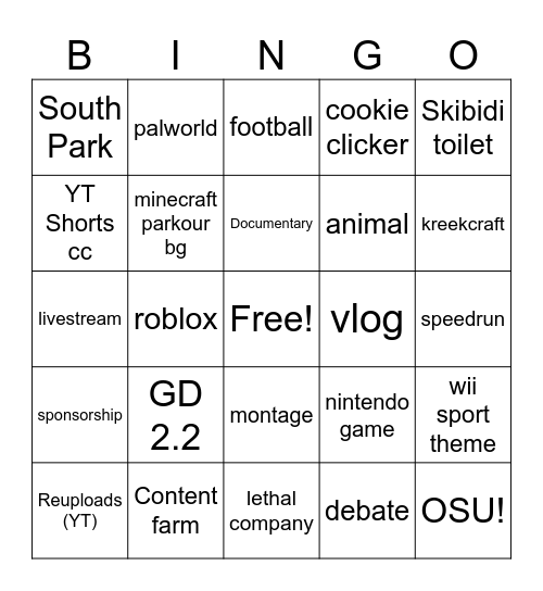 YT SHORT Bingo Card