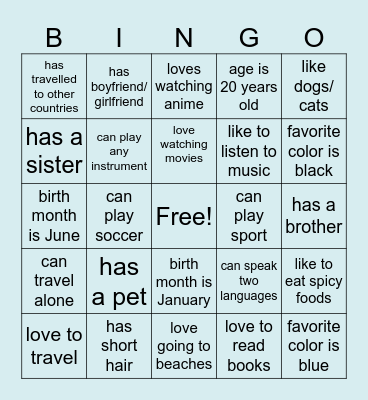 More about Me Bingo Card