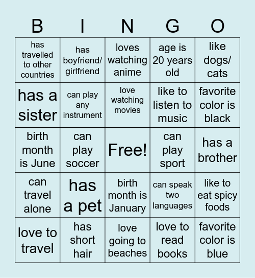 More about Me Bingo Card