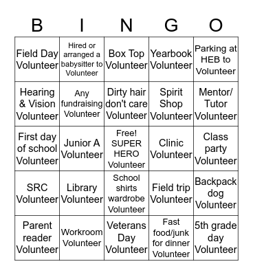 SUPERHERO VOLUNTEERS 2016 Bingo Card