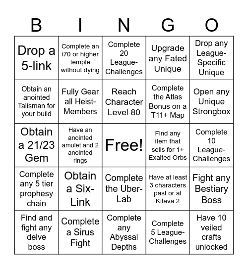 Path Of Exile Bingo Card