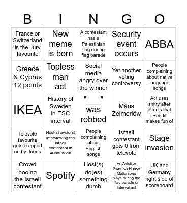 Eurovision 2024 Bingo Card