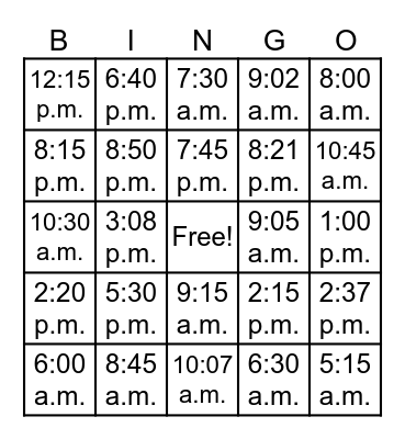 Telling Time Bingo Card