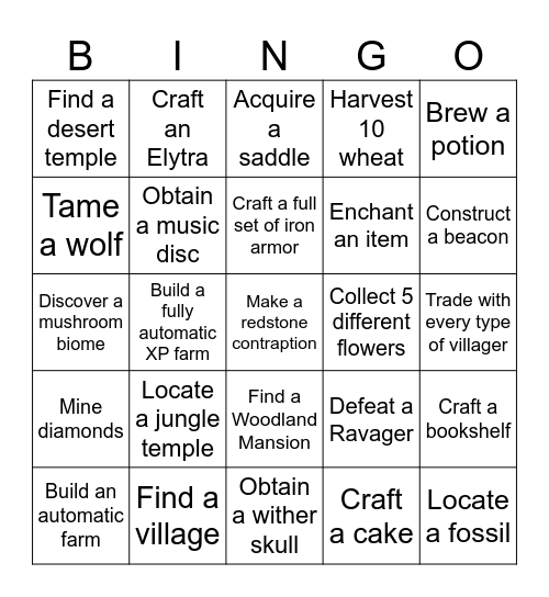 AI Minecraft Bingo Card