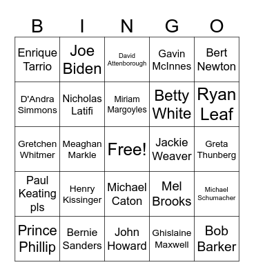 Celebrity Death Bingo Card