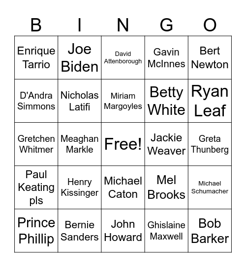 Celebrity Death Bingo Card