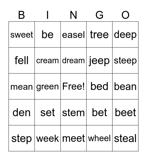 Long E and short E words Bingo Card